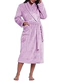 Joyaria Damen Flauschiges Fleece Bademantel/Morgenmantel/Saunamantel Lang mit Schalkragen Komfortable Voller Länge Übergröße(Helles Lila,XL)