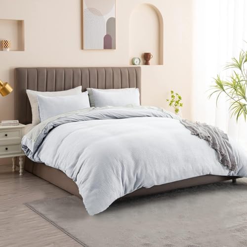 PRIME LINENS 100% Cotton Duvet Cover Set 3 Piece Quilt Cover Bedding Set with 2 Pillow Cases Waffle Bedding Quilt Cover Set Anti Allergic Machine Washable (White, King (U.K. Standard))