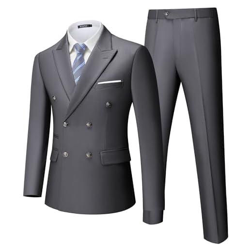 WULFUL Terno masculino slim fit 2 peças trespassado terno masculino smoking blazer jaqueta e calça social conjunto para casamento de negócios, Cinza, 46