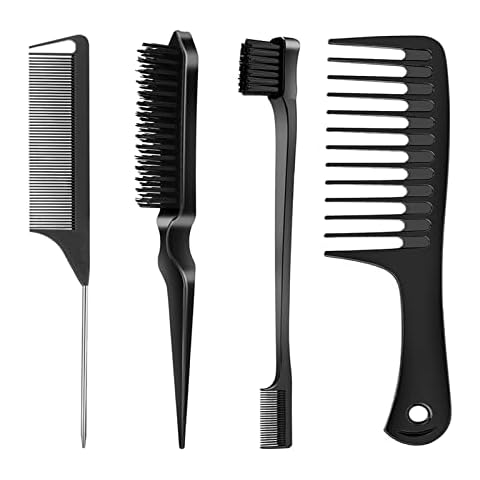 SWEET VIEW Hair Styling Set - 4 Brushes (Edge, Bristle, Rat Tail, Wide Tooth) for Slick Baby Hair and Flyaways - Black Cover