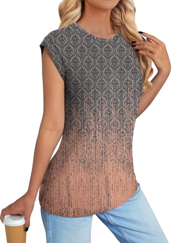 NORACORA Womens Spring Summer Cute Floral Tops Crew Neck Shirts Short Sleeve Tunic Basic Blouses Loose Tops Party Cap Sleeve T Tshirts Grey Pink Gradient S — view 4