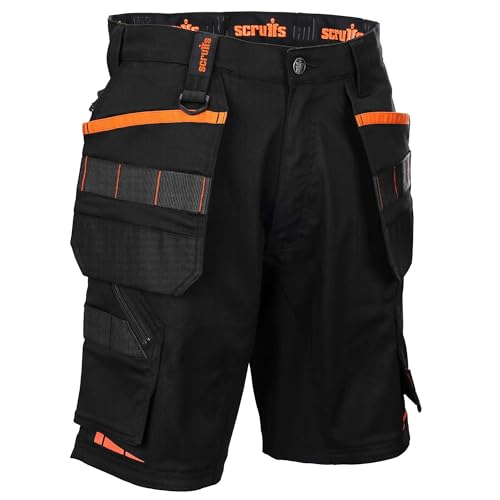 Scruffs Silverton Stretch Fabric Work Shorts, Holster Pockets Black with Orange Detailing (UK, Waist, 34, Regular, Regular, Black)