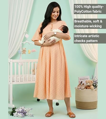 Image of DUMMY SHAPE Feeding Nighty | Maternity Dresses for Women Cotton Blend | Floral Pink Anarkali Kurta with Dual Nursing Zippers for Pregnancy & Breastfeeding | Gifts for Pregnant Women (