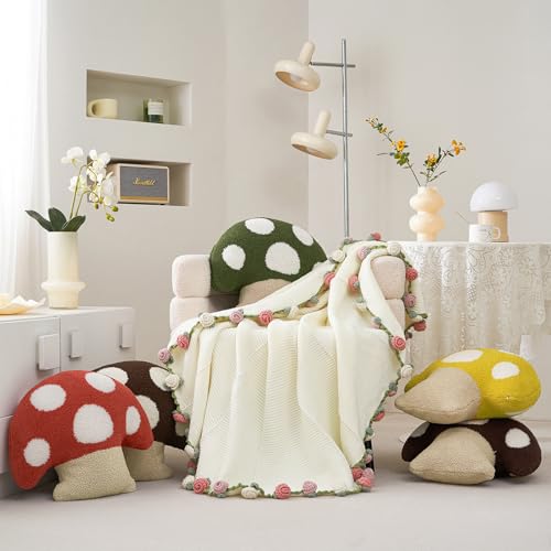 Longhui bedding Mushroom Throw Pillow with Polka Dots, Red & Khaki Decorative Cushion for Sofa Bed Chair, Soft Polyester Plush Pillow Include Inserts - 18x20 Inches Kawaii Home Decor​