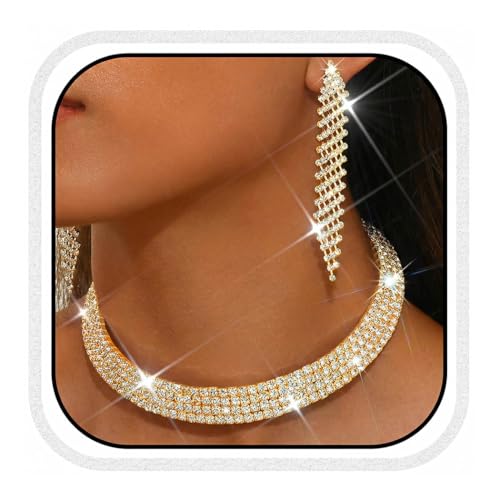 Unicra Rhinestone Bridal Wedding Jewelry Sets Gold Choker Necklace Earrings Set Prom Formal Costume Jewelry Set for Women and Brides (Gold)