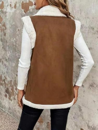 yoeasy Women's Winter Faux Suede Leather Vest Sleeveless Button Down Sherpa Lined Jacket Casual Outerwear Coat4