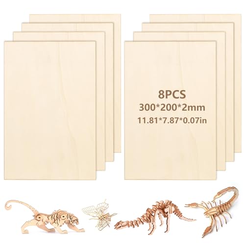 bssmmai 8 Pezzi Legno di Balsa 2mm, Compensato in Legno di Balsa 300 x 200 x 2 mm, Pannelli per Laser da 2 mm, Tavole per Fai da te, Arte e Artigianato, Pittura