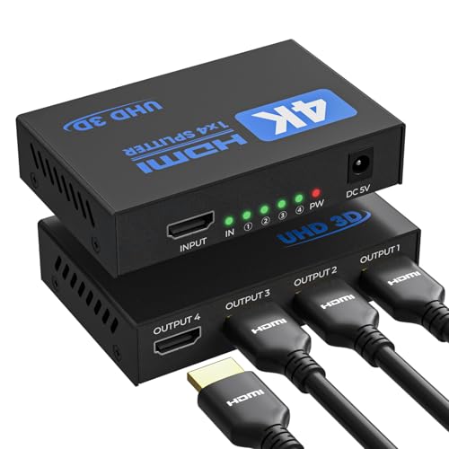 4K HDMI Splitter 1 in 4 Out with EDID HDCP HDR 3D, 4 Way Distribution for PC, Laptop, HDTV, Projector, 4-Port Splitter Copy 1 Source to 4 Displays at The Same Time