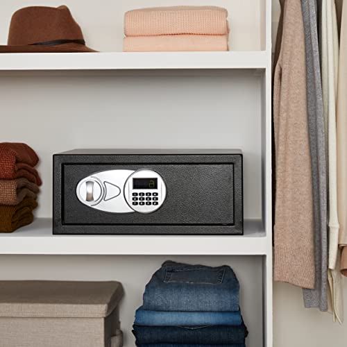 Amazon Basics Steel Security Safe and Lock Box with Programmable Electronic Keypad, Secure for Cash, Jewelry, Documents, Black, 0.7 Cubic Feet, 16.9-x-14.6-x-7.1-inches (WxDxH)