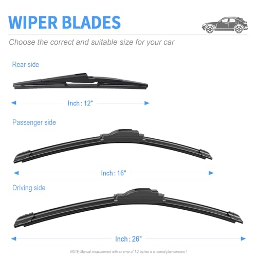 Image of Gavimnal Silicone Wiper Blades Replacement For Hyundai Santa Fe 2019-2023 | Fits Kia Sorento 2016-2020; 26 inch+16 inch Front & 11 inch Rear, All-Weather, Streak-Free, OE-fit, Quiet, Easy One-Click Install