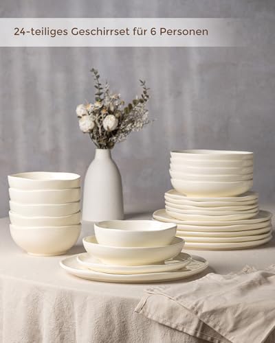 GBhome Steingut Geschirrset 6 Personen, 24-tlg Reaktive Glasur Handarbeit Geschirr Set, Mikrowellen- & Spülmaschinenfest Schüssel- und Teller Set, Gesprenkeltes Beige