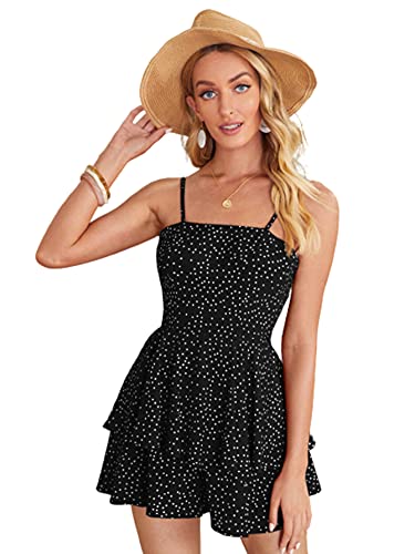 WDIRARA Women s Tied Open Back Polka Dot Strap Boho Sleeveless Halter Short Romper Black M