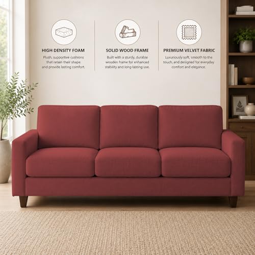 Image of Casaliving Gladino Modern Velvet Fabric Sofa, Tufted Design Upholstered 3 Seater Sofa Set for Living Room, Premium Velvet Fabric Sofa (Maroon)
