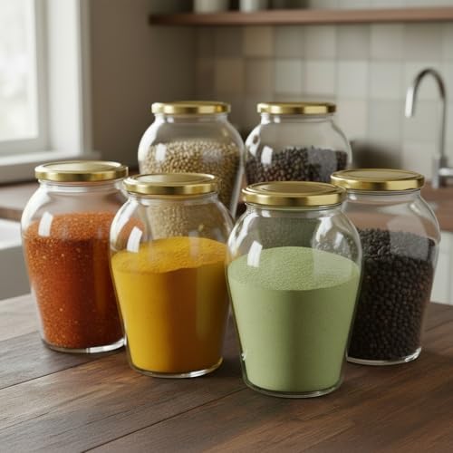 Image of ginoya brothers 1 Liter Matka Shape Glass Jar and Glass Container for Kitchen with Air Tight Lid-Pack Of 6, Clear
