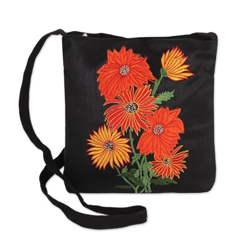 NOVICA Hand Embroidered Cotton Sling Floral Handbag