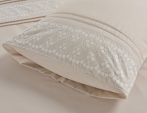 Linge de lit double brodé beige fini le repassage parure douce et facile - 4