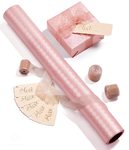Vitalizart Pink Metallic Grid Wrapping Paper Set 17 With Organza Ribbon & Gift Tags Christmas Gift Wrapping Birthday Baby Shower Wedding Bouquets Handmade Crafts 197(16.4 Ft) Pink Ribbon
