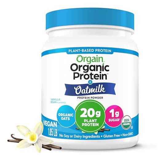 Orgain Organic Vegan Protein Powder + Oat Milk, Vanilla Bean - 20g Plant Based Protein, Gluten Free, No Dairy, Soy or Lactose Ingredients, Low Sugar, Non-GMO, Kosher, For Shakes & Smoothies - 1.05lb