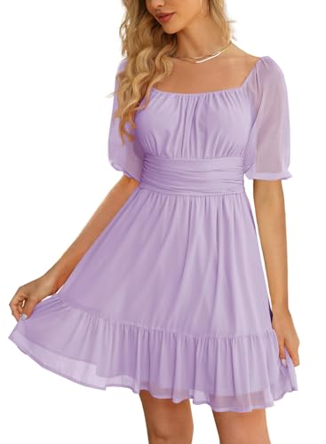 Image of Wenrine Womens Puff Short Sleeve Mini Dress Mesh Square Neck High Waist Ruffle Hem Flowy Party A Line Dress