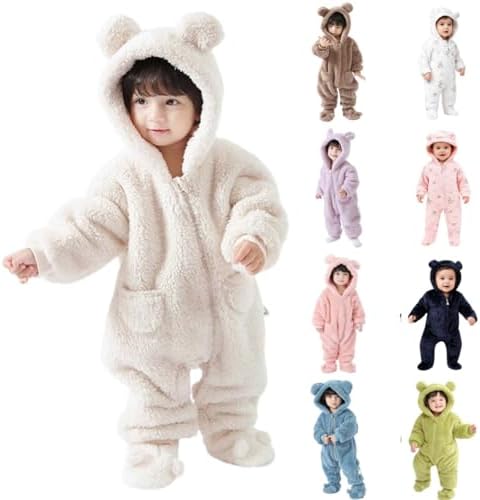 Fuzzy Baby Bodysuit Jumpsuit for Boys Girls, Sherpa Lined Zip Up Hooded Onesie, Toddler Warm Winter Romper Playwear