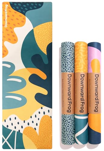 Downward Frog Printed Yoga Mat for Bikram, Hot Yoga, Fitness & Pilates - Light, Foldable, Travel Mat - Eco Natural Rubber, Vegan, Microfibre Towel Surface, Exercise Equipment & Meditation -Fruit Salad