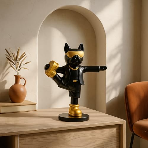 Image of Xtore Fashion Cat Figurine | Black Suit Gold Sunglasses Decor | Unique Home Office Decor | Novelty Statue | Modern Desk Shelf Accessory - Black