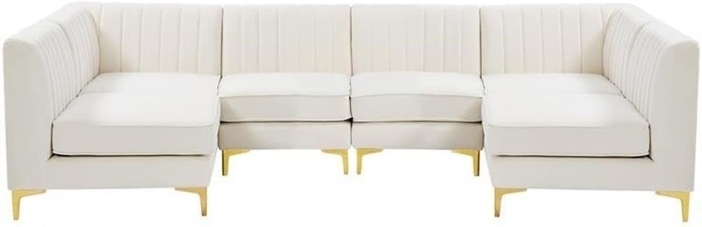 Meridian Furniture 604Cream-Sec6B Alina Collection Modern | Contemporary Velvet Upholstered Modular Sectional with Deep Channel Tufting, 116.5" W x 58.5" D x 31" H, Cream