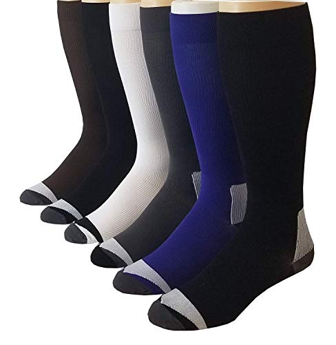 6 Pairs Pack Moderate (15-20 mm Hg) Sports, Travelers, Anti-Fatigue, Graduated Compression Knee High Socks 10-13 (Assorted Solid)