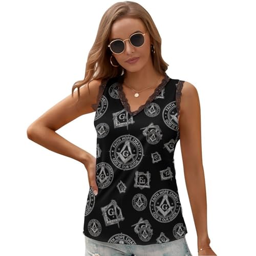 Adult Women Casual Tank Tops, Comfortable V Neck Cool Sleeveless Top Sexy Lace Trim Shirts for Home, Office, Beach, Gym, Masonic Faith Hope and Charity Freemason Logo Black, (M)