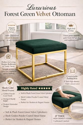 Image of Square Metal Ottoman /Sitting Stool /Living Room Furniture /Office, Velvet Footstool /Footrest Pouffes Home Decor (Set of 2 Green) - 30.48 Cm, 38 Cm