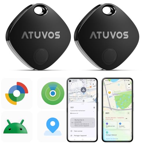 ATUVOS Air Tag Traceur Lot de 2 Android Smart Tag Tracker, Fonctionne avec l’app Google et Apple Localiser, Localisateurs D'Objets Bluetooth pour Les...