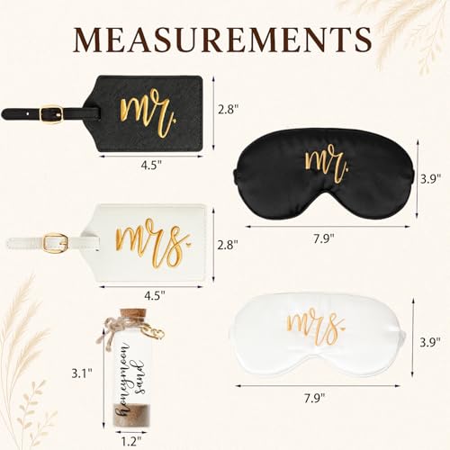 Wedding Honeymoon Travel Set for Couples. Embroidered Mr and Mrs Luggage Tags, Eye Masks, Keepsake Bottle, Wedding Gift, Anniversary Travel Accessories (Black White Gold Honeymoon Sand)4