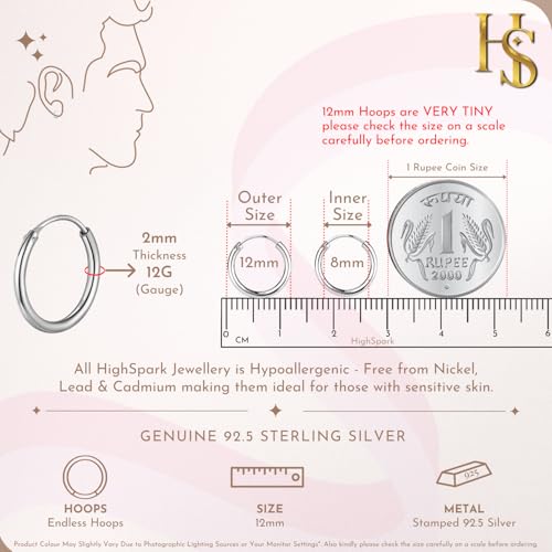Image of HIGHSPARK 925 Silver Hoop Earring | 92.5 Sterling Silver Round Classic Thick Hoop Gauge 12G ie Thickness 2.0mm | Single Hoop for Men | Silver 12mm