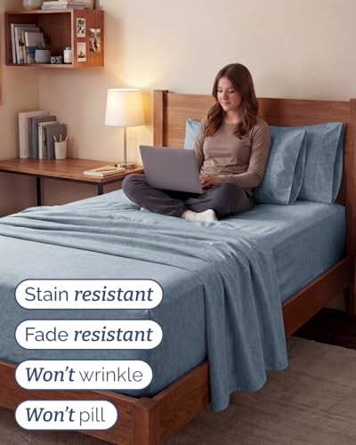 Image of Extra Deep Twin XL Sheet Set - 4 Piece Cooling Bed Sheets - Heathered Blue | Hotel Luxury Bed Sheets Set, Easy & Secure Fit, Ultra-Soft, Wrinkle & Fade Free, Comfy Sheets Set with Extra Deep Pockets