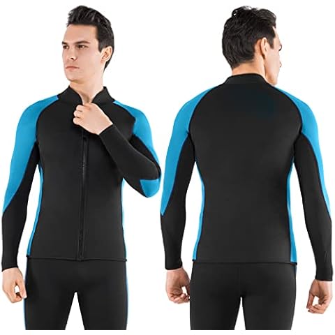 FLEXEL Men's Wetsuit Jacket,2mm Neoprene Wetsuit Tops Long Sleeves Diving Tops Boy's Wetsuit Jacket for Surfing Kayaking Swimming and Other Water Sports (Men 2mm Black Blue, X-Large) Cover