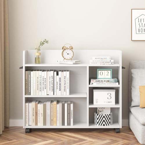 VECELO Book Cart, Wood Rolling Library Book Truck with Lockable Wheels and Adjustable Shelves, for Home Office, White