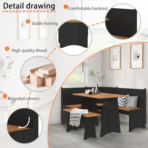 Breakfast Nook Corner Dining Table Kitchen Bench Chair Set, Space-Saving 3-5 People Seat Reversible L-Shape for Family Home Black Wood