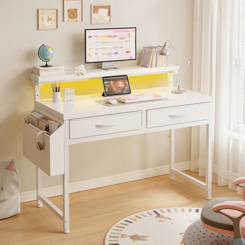 Image of DurayLoly 32 inch Computer Desk with 2Drawers and Side Pocket for Teenagers,Office Desk with Monitor Stand and LED Lights, Study Writing Table with Anti-Tip Design for Small Spaces,Glacier White