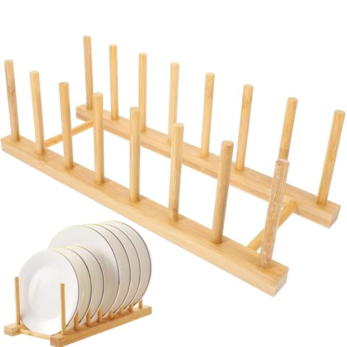 JJiaoLinin Bamboo Cupboards Dish Rack, Plate Rack Stand,Dish Rack,Pot Lid Holder,Dish Drying Rack,Bamboo Plate Holder Organizers for Plates, Bowls,Cups,Pot Lids,Cutting Boards,Books(7 Slots)