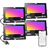 LED Flood Light Outdoor 500W Equivalent,Smart RGB Color Changing Flood Lights with Bluetooth APP Control,2700K&16 Million Colors,DIY Scenes,Timing, IP66 Waterproof for Stage Landscape Lighting(4Pack)