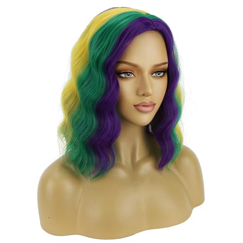 Image of BERON Mardi Gras Wigs for Womens Girls MardiGras Costume Cosplay Purple Green and Yellow Colored Side Part Wigs Shoulder Length Mardi Gras Cosplay Party Wig