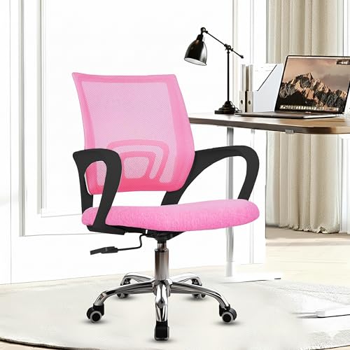 Image of Casa Copenhagen Mesh Mid Back Office /Study /Computer /Revolving /Desk Chair for Work from Home -Metal Base, Height Adjustable Seat- Pink & Black Handle