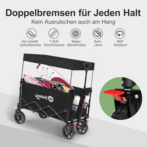 Sekey XXL Bollerwagen Faltbar Kinder 150L 150KG, Faltbarer Bollerwagen mit Dach Klappbarer Handwagen mit Sonnenschutz für Ausflug Strand Camping, S4018, Schwarz – Bild 5