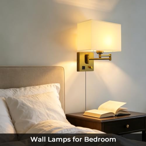 Image of Plug in Swing Arm Wall Sconce, Wall Lights for Living Room | Wall Lamp with USB C+A Charging Ports, Adjustable Swing Arm 270, Adjustable Color Temperature, Wall Mount Lamp for Bedroom