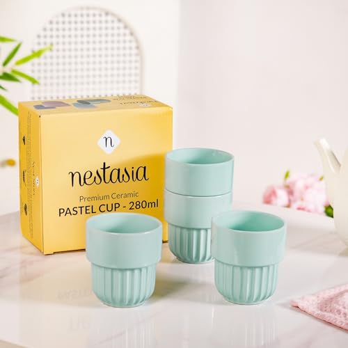 Nestasia Ceramic Stackable Cups Set of 4 (280ml Each) - Elegant Tea & Coffee Cups with Glossy Finish - Fluted Bottom Cups for Home, Office & Gifting (Mint Blue)
