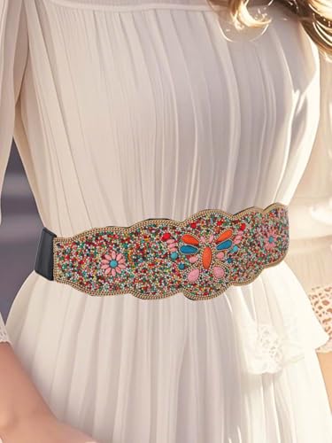 Urieo Bohemian Ethnic Stretchy Beaded Belts Shell Black Wide Elastic Bead Belt Tassel Dress Waist Cinch Belt for Women4