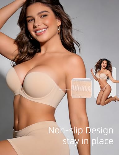 Image of Upushall Strapless Bra Push Up Non Slip Deep V Plunge Underwire Bras for Women Super Padded Add 1 Cup