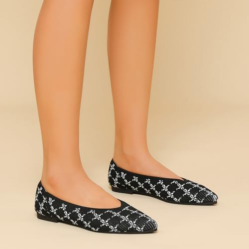Image of TINGRISE Women's Flats Shoes Pointed Toe Knit Ballet Comfortable Dressy Slip On Flat