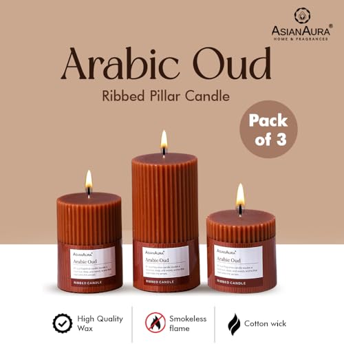 Image of ASIAN AURA Ribbed Pillar Candles - Pack of 3 | Scented Candles for Home Decor, Gifting & Festive Use | Long Burn time up to 36hrs | Clean-Burning Wax & Smokeless Flame (Arabic Oud)