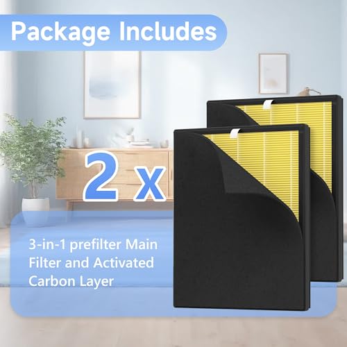 Image of 2 Packs KJ190L Pet Care Replacement Filter Compatible with MOOKA KJ190L and KJ190H Air Purifi-er, 3 Stage Filtration for Pollen Pets Hair Dander Odor, 2 Main Filters and 2 Washable Pre-Filters,Yellow